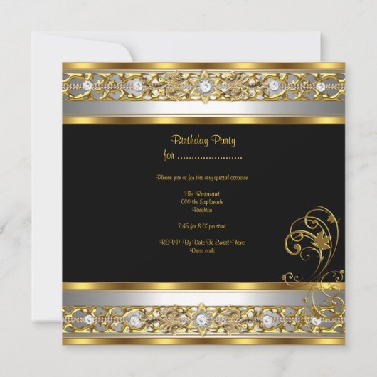 Invitation Fête d'anniversaire Ornat Black Gold White Image (Dos)