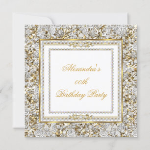 Invitation Fête d'anniversaire Ornementale Or et Blanc Damass