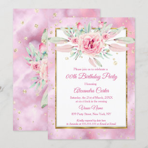 Invitation Fête d'anniversaire pailleté or Marbre floral rose