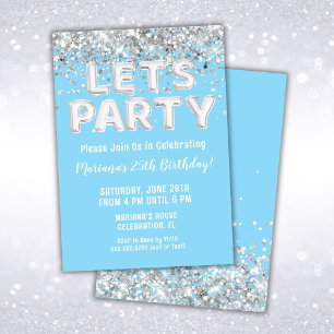 Invitation Fête d'anniversaire pailletée bleu clair argenté