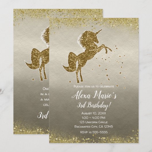 Invitation Fête d'anniversaire pailletée licorne étoiles glam (Devant / Derrière)