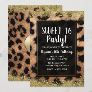 Invitation Fête d'anniversaire pailletée or imprimé léopard g