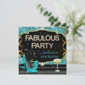 Invitation Fête d'anniversaire pailletée sarcelle noir fabule (Debout devant)