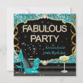 Invitation Fête d'anniversaire pailletée sarcelle noir fabule (Devant)