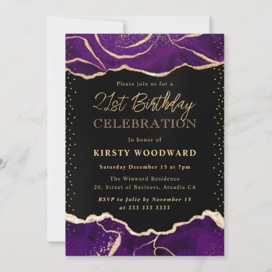 Invitation Fête d'anniversaire Paillettes d'agate violette et (Devant)