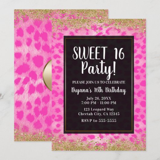 Invitation Fête d'anniversaire Paillettes Or Guépard Léopard  (Devant / Derrière)