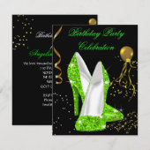 Invitation Fête d'anniversaire Paillettes Vert Lime Or (Devant / Derrière)