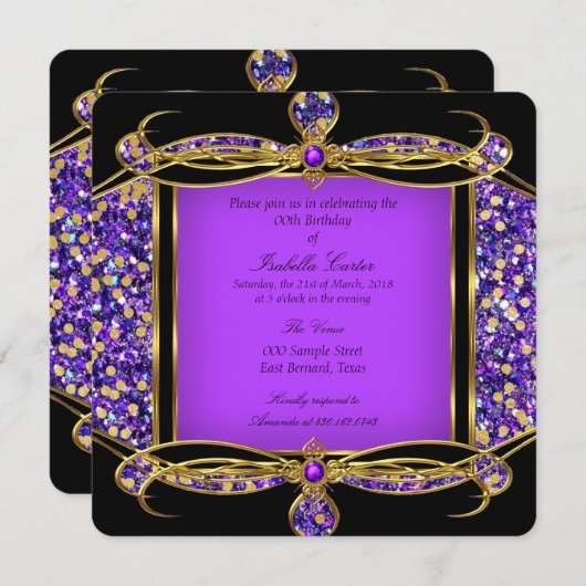 Invitation Fête d'anniversaire Paillettes Violet Or Noir (Devant / Derrière)