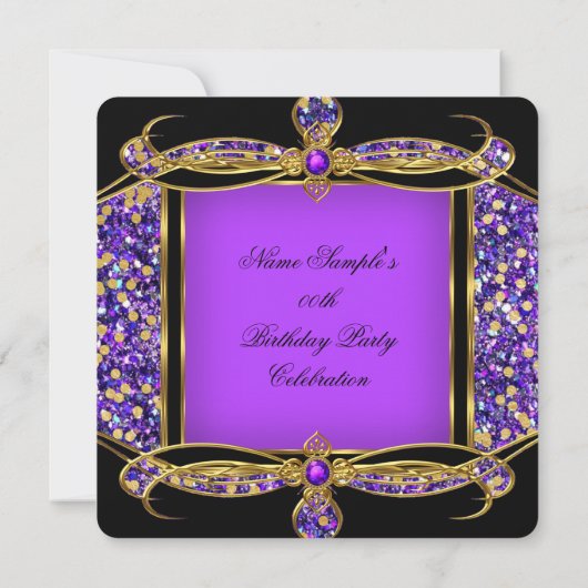 Invitation Fête d'anniversaire Paillettes Violet Or Noir (Dos)