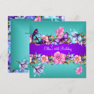 Invitation Fête d'anniversaire Papillon Bleu Violet Rose sarc