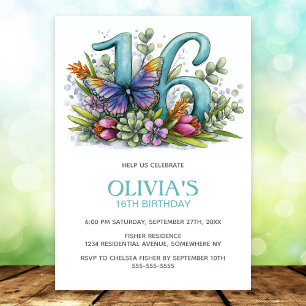 Invitation Fête d'anniversaire papillon floral 16 ans