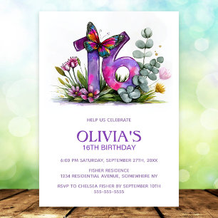 Invitation Fête d'anniversaire papillon floral violet rose 16
