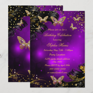Invitation Fête d'anniversaire papillon noir or violet scinti