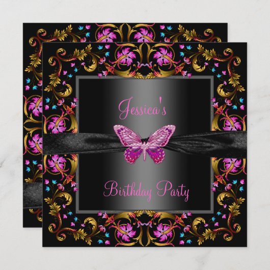 Invitation Fête d'anniversaire Papillon Noir Rose Floral (Devant / Derrière)