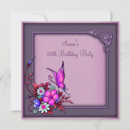 Invitation Fête d'anniversaire papillon pour femme 50 ans (Devant)