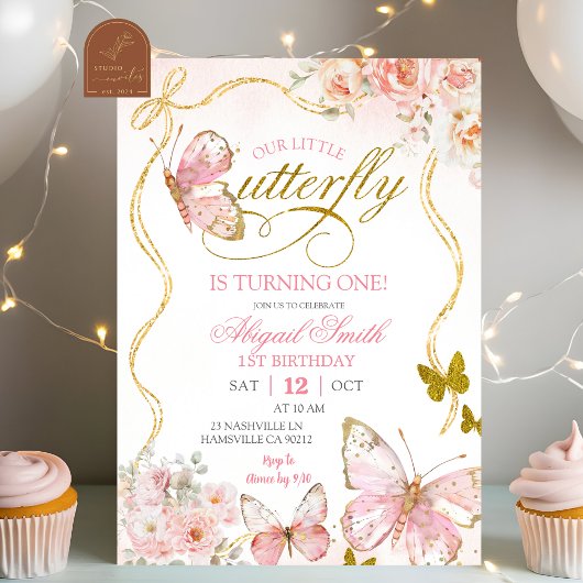 Invitation Fête d'anniversaire Papillon Rose Coquette