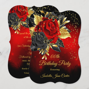 Invitation Fête d'anniversaire Papillon Rose rouge Floral Or