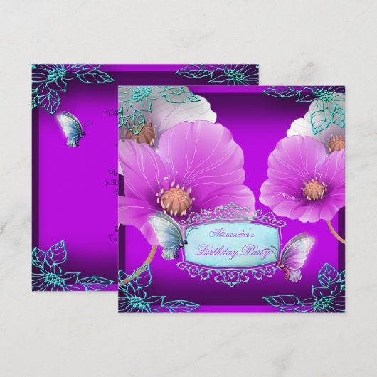 Invitation Fête d'anniversaire Papillon Rose sarcelle Violet  (Devant / Derrière)