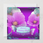 Invitation Fête d'anniversaire Papillon Rose sarcelle Violet  (Devant)