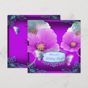 Invitation Fête d'anniversaire Papillon Rose sarcelle Violet