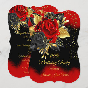 Invitation Fête d'anniversaire papillon Rouge Rose Floral Or