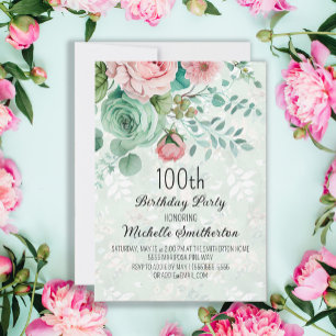 Invitation Fête d'anniversaire papillons floraux vert menthe