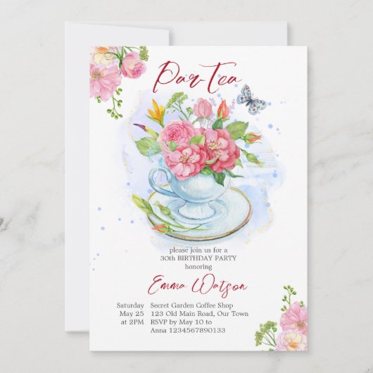 Invitation Fête d'anniversaire par thé tasse remplie de fleur (Devant)
