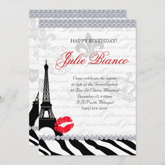 Invitation Fête d'anniversaire Paris Card Tour Eiffel Zebra R (Devant / Derrière)