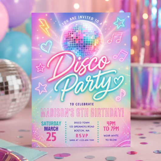 Invitation Fête d'anniversaire Pastel Disco Glow