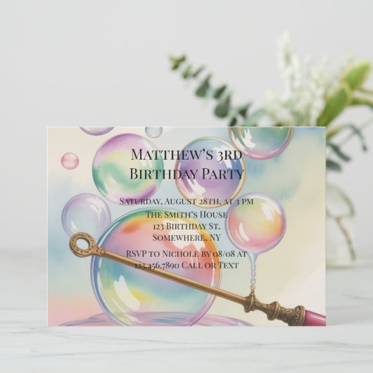 Invitation Fête d'anniversaire Pastel Rainbow Bubbles Age (Debout devant)
