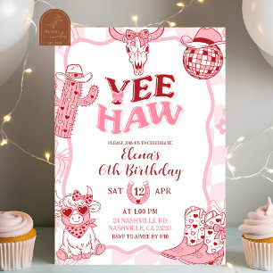 Invitation Fête d'anniversaire Pastel Retro Yeehaw Cowgirl
