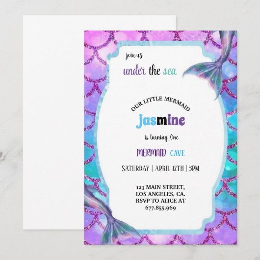 Invitation fête d'anniversaire pastel violet et bleu sirène (Devant / Derrière)