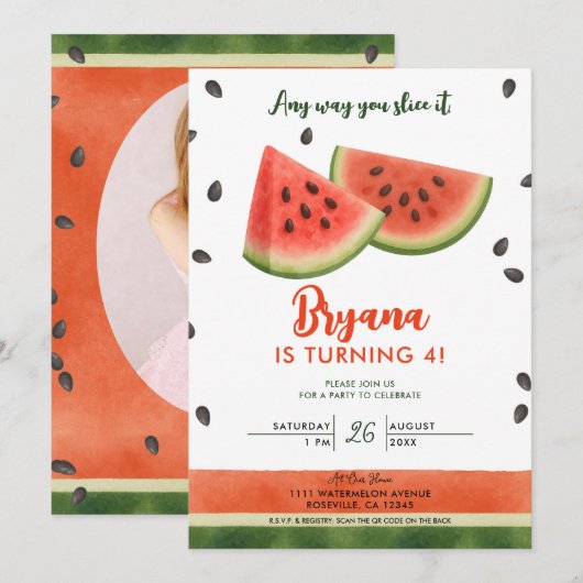 Invitation Fête d'anniversaire Pastèque De quelque manière qu (Devant / Derrière)