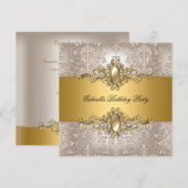 Invitation Fête d'anniversaire Perle Crème Damas Or (Devant / Derrière)
