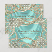 Invitation Fête d'anniversaire perle de bleu sarcelle (Devant / Derrière)