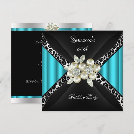 Invitation Fête d'anniversaire Perle de diamant Léopard Bleu (Devant / Derrière)