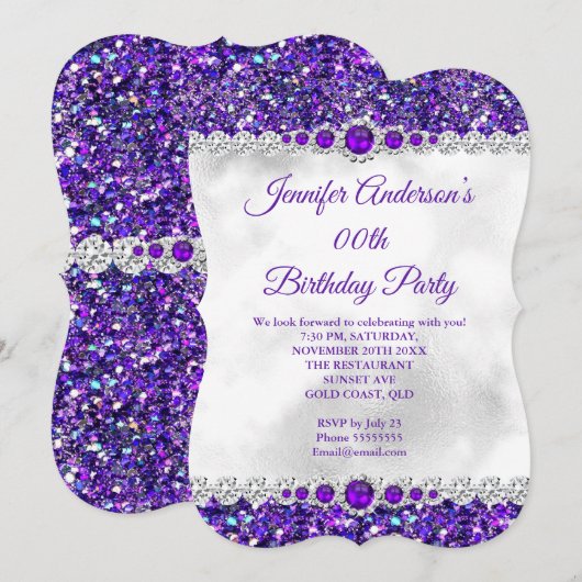 Invitation Fête d'anniversaire perle diamant paillettes blanc (Devant / Derrière)