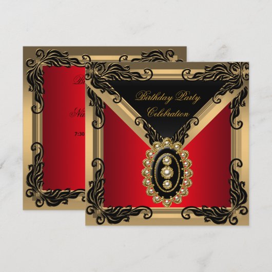 Invitation Fête d'anniversaire perle noire rouge or (Devant / Derrière)