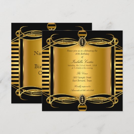 Invitation Fête d'anniversaire Perle Rayure Noire Décor Or (Devant / Derrière)