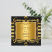 Invitation Fête d'anniversaire Perle Rayure Noire Décor Or (Debout devant)