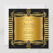 Invitation Fête d'anniversaire Perle Rayure Noire Décor Or (Devant)