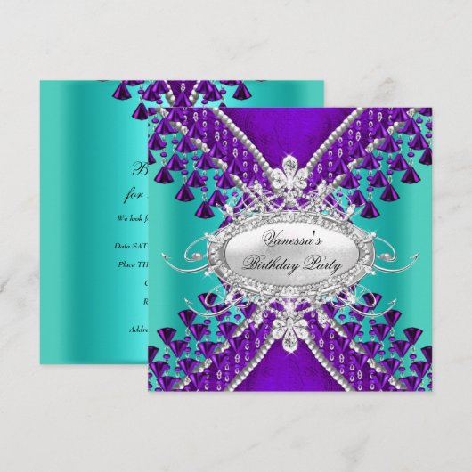 Invitation Fête d'anniversaire perles violettes sarcelle bleu (Devant / Derrière)