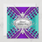 Invitation Fête d'anniversaire perles violettes sarcelle bleu (Devant)