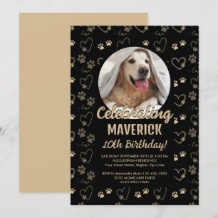 Invitation Fête d'anniversaire personnalisable Black Gold Dog