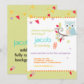 Invitation Fête d'anniversaire personnalisée Aqua/Lime Owl (Devant / Derrière)