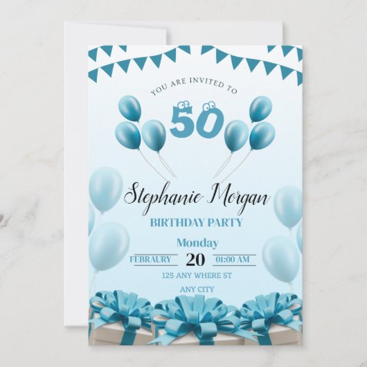 Invitation Fête d'anniversaire personnalisée bleue moderne 50 (Devant)