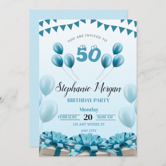 Invitation Fête d'anniversaire personnalisée bleue moderne 50 (Devant / Derrière)