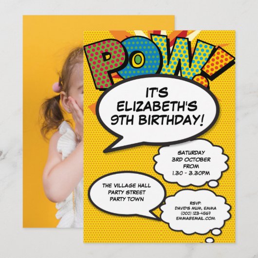Invitation Fête d'anniversaire photo de bande dessinée rétro (Devant / Derrière)