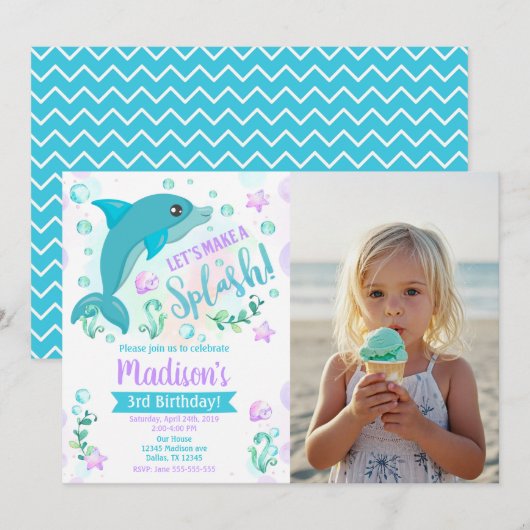 Invitation Fête d'anniversaire photo de dauphin piscine (Devant / Derrière)