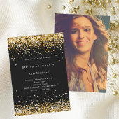Invitation Fête d'anniversaire photo en or noir confetti